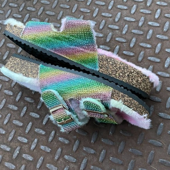 Forever21 Women Sandal Shoes Multi Color Bling Faux Fur Shoes Size 6.5 - Picture 10 of 11